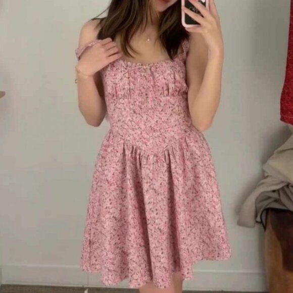 BEST Reformation Daria Linen Mini Dress - Rosin Pink White Floral Casual Wedding